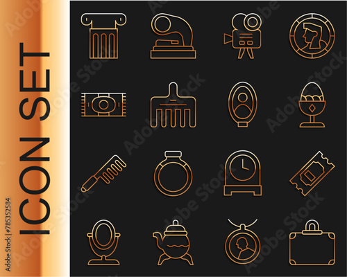 Set line Suitcase, Cinema ticket, Chicken egg on stand, Retro cinema camera, Hairbrush, Classic carpet, Ancient column and Portrait picture museum icon. Vector