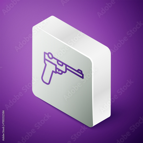 Isometric line Mauser gun icon isolated on purple background. Mauser C96 is a semi-automatic pistol. Silver square button. Vector