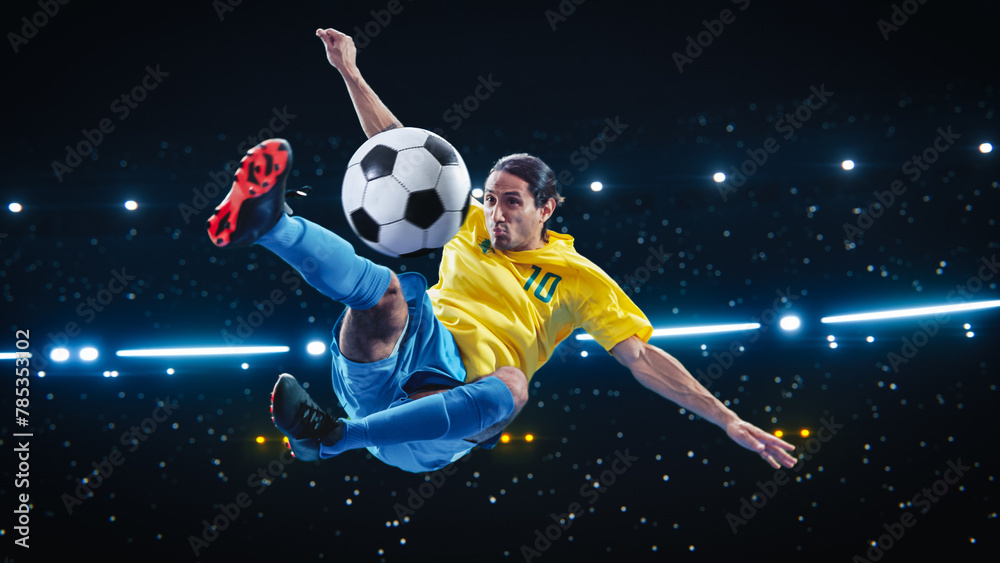 Fototapeta premium Aesthetic Shot Of Athletic Hispanic Soccer Football Player Doing An Overhead Kick on Black Background Under Spotlight. Professional Sportsman Scoring a Goal During International Chapmionship.