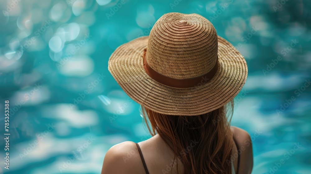A woman in a straw hat near a pool, viewed from behind, in the style of a luxury hotel resort.