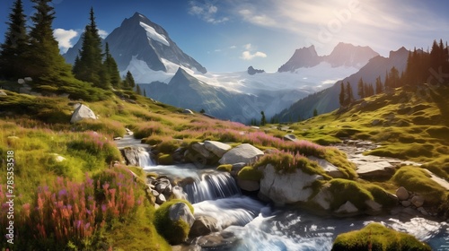 A breathtaking mountain panorama featuring a pristine white hut nestled amidst towering peaks, with cascading waterfalls glistening in the sunlight .