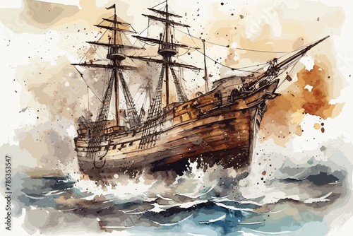 Ship Shipwreck Sea Waves Tall Ship watercolor white background.