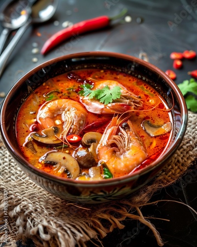 A bowl of Tom Yum Shrimp hot and sour soup photographe, Ai generate