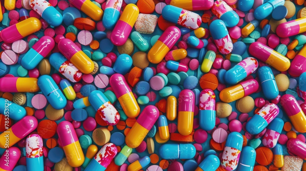 Many different pills on colorful background, top view. Many different pills on colorful background, top view.