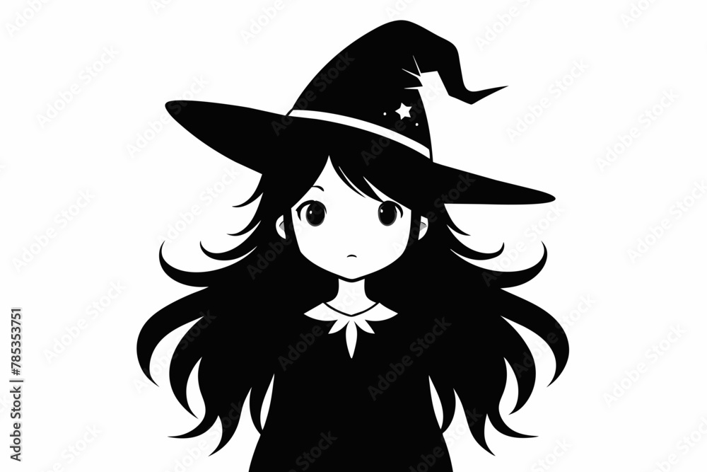 Black and white Cute witch with long hair looking up in the camera. Profile picture silhouette vector Black and white Cute witch with long hair looking up in the camera. Profile picture silhouette vector