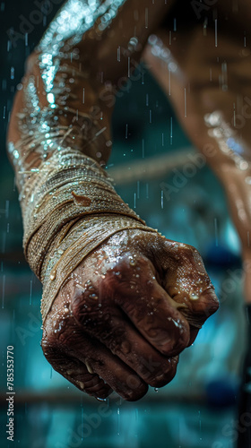 A man's hand is wet and covered in sweat, with a boxing glove on his hand. Concept of determination and strength, as the man prepares to throw a punch