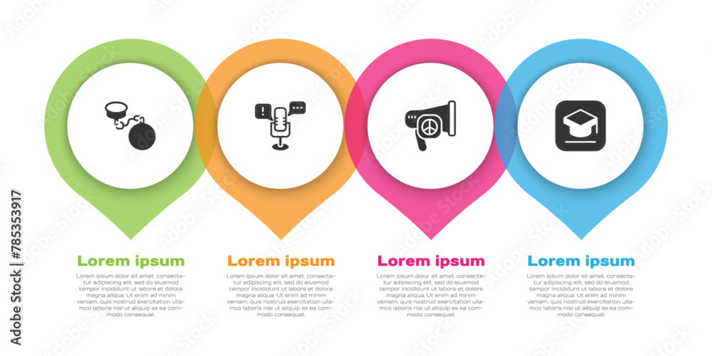 Set Ball on chain, Freedom of speech, Peace and Graduation cap. Business infographic template. Vector Set Ball on chain, Freedom of speech, Peace and Graduation cap. Business infographic template. Vector