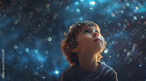 Child looking up at the stars with wonder, Curiosity about the universe and the unknown