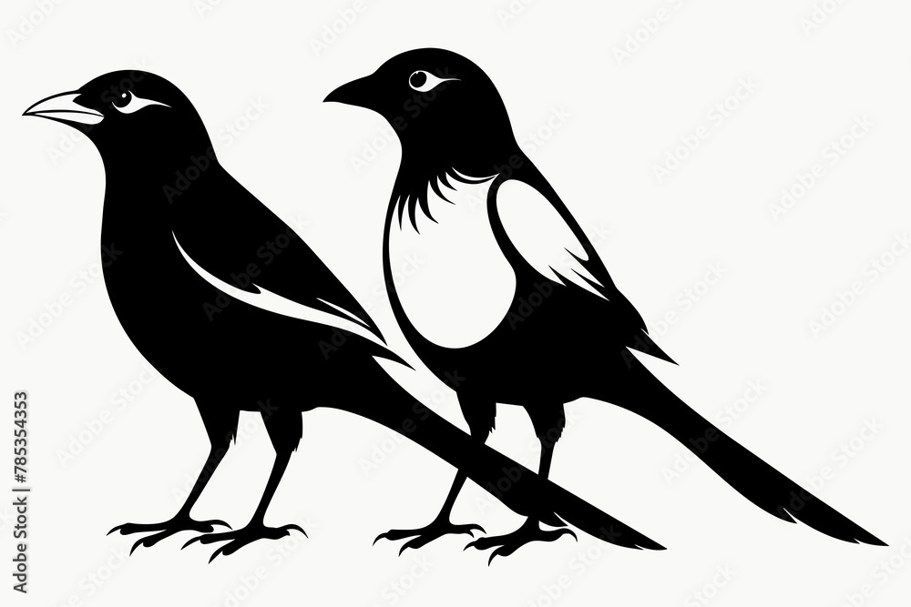 Fototapeta premium pair Magpie silhouette on white background