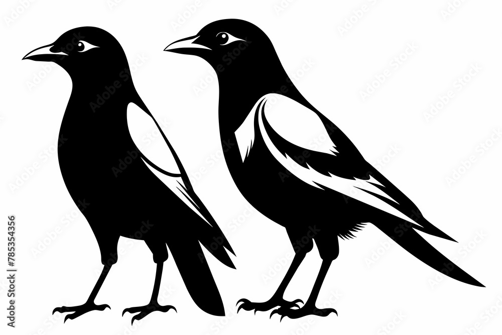 Fototapeta premium pair Magpie silhouette on white background