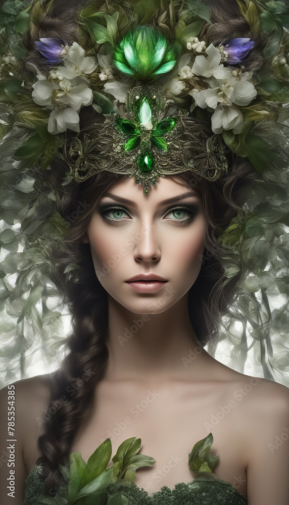 Girl with Emerald Leaf and Flower Crown