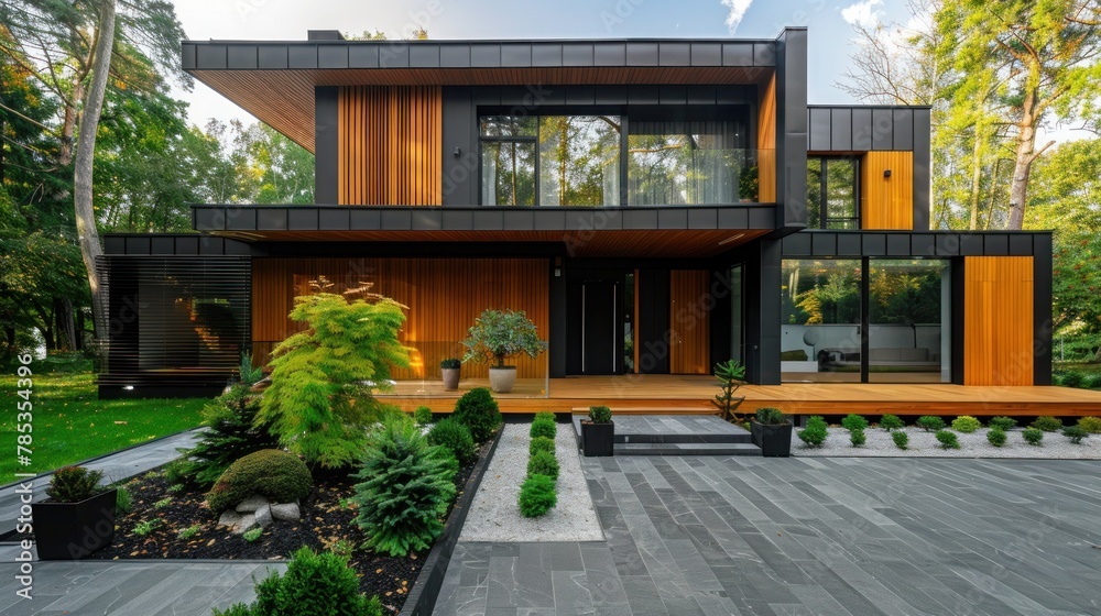 Residential two-story house exterior with wood siding, black panel walls and front yard landscaping