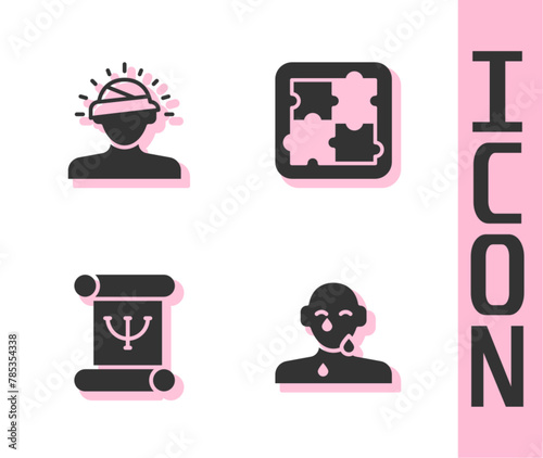Set Tear cry eye, Concussion, headache, Psychology book and Solution problem in psychology icon. Vector