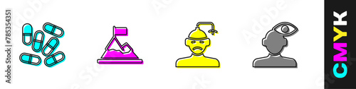 Set Medicine pill or tablet, Mountains with flag on top, Concussion, headache and Solution problem psychology icon. Vector