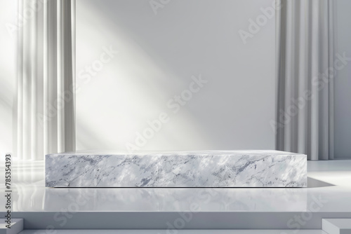 A 3D scene with a sleek marble podium, the podium should have a modern, rectangular design with a glossy finish. Surround the podium with soft, diffuse lighting to create a luxurious atmosphere. photo