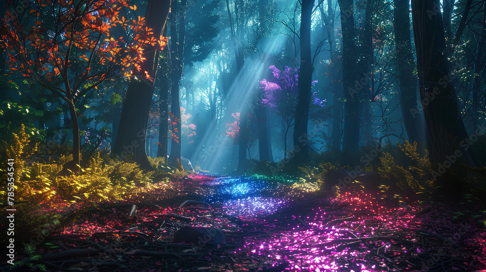 Deep in a forest of unique psychedelic trees. neon rainbow light. the mystical lighting is truly enchanting