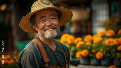 A Japanese man wearing a straw hat and apron is smiling at the camera in front of a flower stand. a Japanese man in his 40s, dressed simply as gardener, with beard, with Japanese Straw Hat