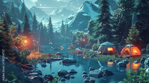 Produce a detailed vector illustration showcasing a futuristic wilderness camping scene viewed from a birds-eye angle Experiment with innovative lighting techniques and digital rendering methods to br photo