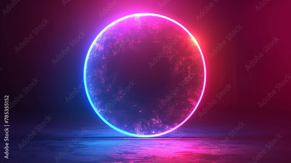 Featuring a sparkling colorful background and a circle for advertisements, this graphic artwork features magenta neon, Generative AI.