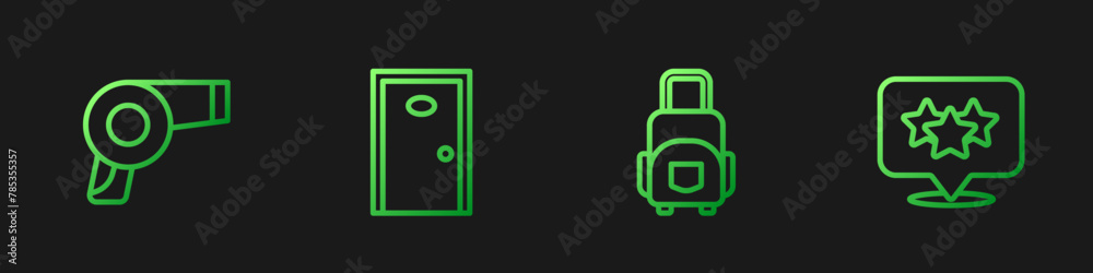Set line Suitcase, Hair dryer, Hotel door and Stars rating. Gradient color icons. Vector Set line Suitcase, Hair dryer, Hotel door and Stars rating. Gradient color icons. Vector