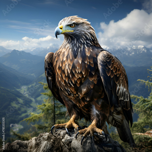 beautiful eagle on a rock against the background of mountains and sky