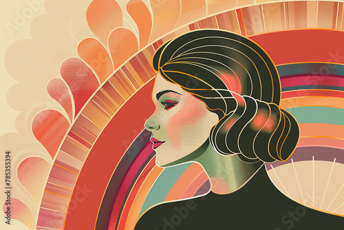 Portrait in retro style. Young brunette in profile on a rainbow background 1920s style