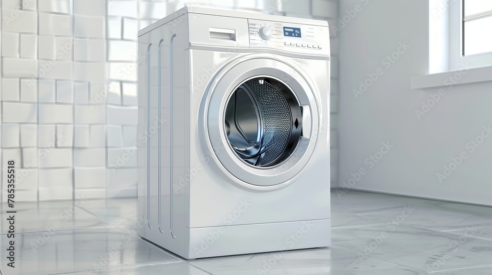 3D vector illustration of a washing machine isolated on a white background, designed for use in bathrooms and suitable for multiple purposes