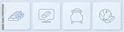 Set line Stacks paper money cash, Molten gold being poured, Gold bars and . White square button. Vector