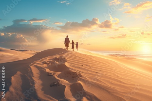 Family walking on the sand dunes at sunset  enjoying nature and having fun together.