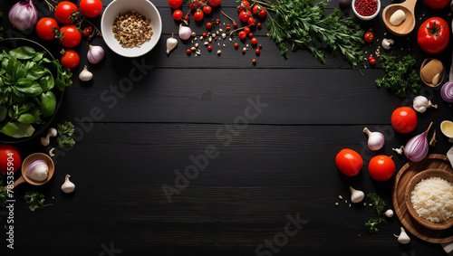 A variety of vegetables and spices are arranged on a black wooden table