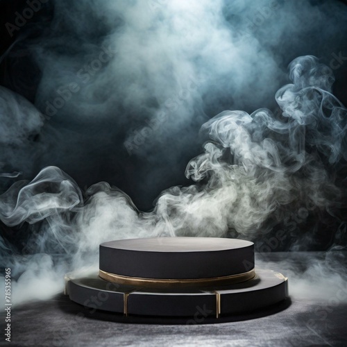 an empty podium enveloped in swirling dark smoke, a dynamic platform 