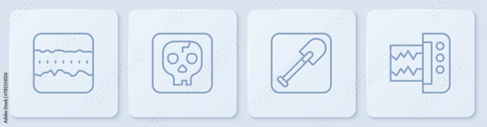 Set line Soil ground layers, Shovel, Archeology and Seismograph. White square button. Vector Set line Soil ground layers, Shovel, Archeology and Seismograph. White square button. Vector