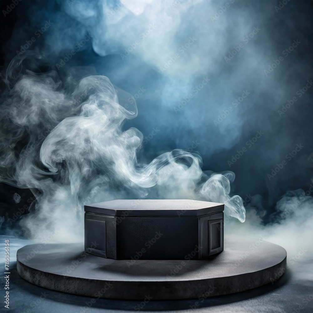 an empty podium enveloped in swirling dark smoke, a dynamic platform