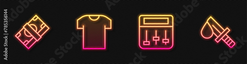 Set line Drum machine music, Stacks paper money cash, T-shirt and Bloody knife. Glowing neon icon. Vector