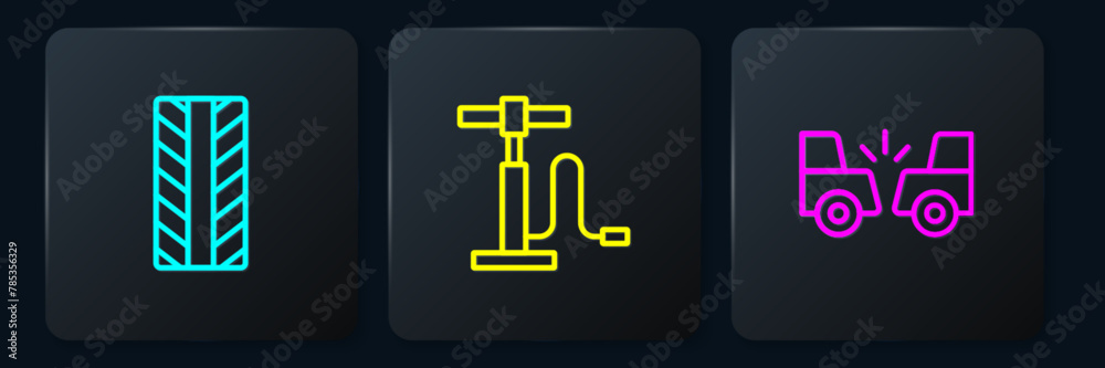 Set line Car tire wheel, accident and air pump. Black square button. Vector Set line Car tire wheel, accident and air pump. Black square button. Vector