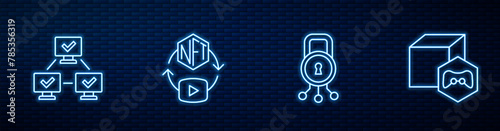 Set line Cyber security, NFT blockchain technology, Digital crypto art and . Glowing neon icon on brick wall. Vector