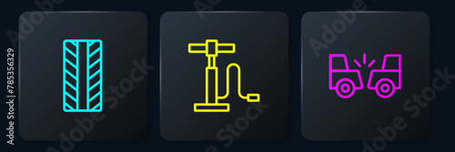 Set line Car tire wheel, accident and air pump. Black square button. Vector