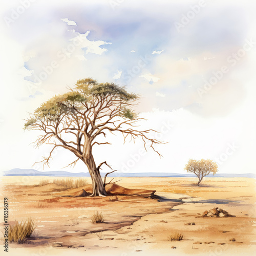 A watercolor painting capturing the stark beauty of a lone tree in the vast  arid savanna  symbolizing resilience amid a harsh climate.