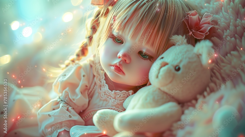 Toddler peacefully sleeping with her teddy bear, nestled in the grassy field