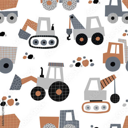 Cute little cars, truck. Cartoon cars outline. Flat vector seamless pattern