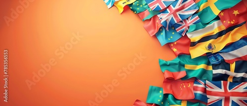 Global flags in vibrant colors set against an orange background with plenty of room for text, Generative AI. photo