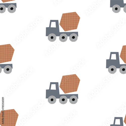 Cute little cars, truck. Cartoon cars outline. Flat vector seamless pattern © webmuza