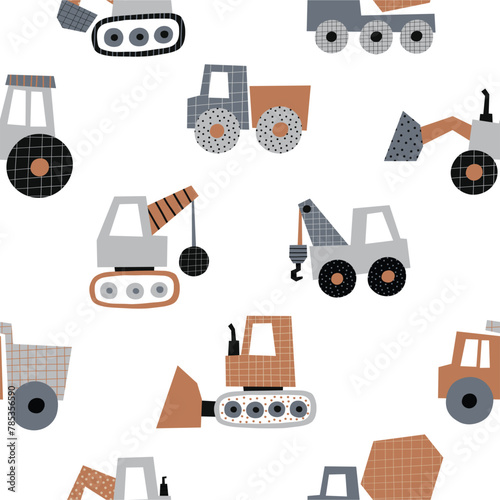 Cute little cars, truck. Cartoon cars outline. Flat vector seamless pattern