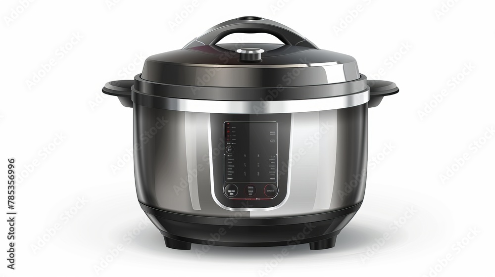 Realistic 3D vector of an automatic multi cooker and pressure cooker, isolated on a white background, showing a modern stainless steel design suitable for steaming Realistic 3D vector of an automatic multi cooker and pressure cooker, isolated on a white background, showing a modern stainless steel design suitable for steaming