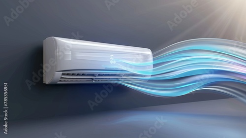 Realistic 3D vector illustration of an air conditioner showcasing cold wind waves with on and off regimes, perfect for home and office climate control