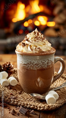 An artisanal hot chocolate in a ceramic mug, with a generous swirl of whipped cream on top, dusted with cocoa powder and chocolate shavings The mug sits on a cozy, knitted tablecloth, and the backgrou