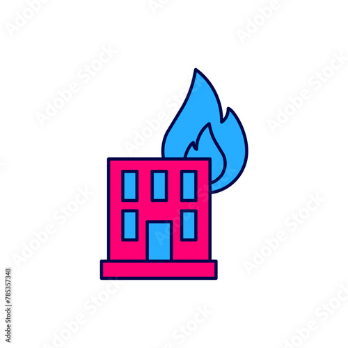 Filled outline Fire in burning building on city street icon isolated on white background. Destroyed city on fire. Vector