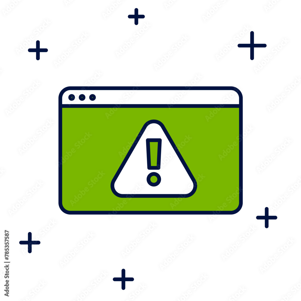 Filled outline Browser with exclamation mark icon isolated on white background. Alert message smartphone notification. Vector Filled outline Browser with exclamation mark icon isolated on white background. Alert message smartphone notification. Vector