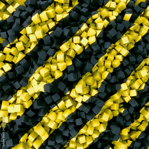 A black and yellow striped pattern composed of many small three-dimensional cubes. 3d rendering illustration