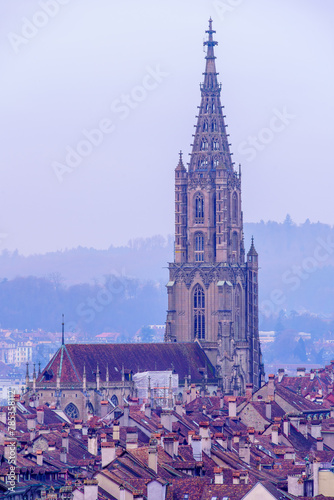 Foggy morning view of the cathedral in Bern